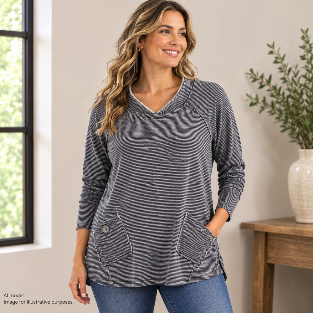 Soft Surroundings Shirt Womens Large Gray Striped V Neck Raglan Pocket Tunic